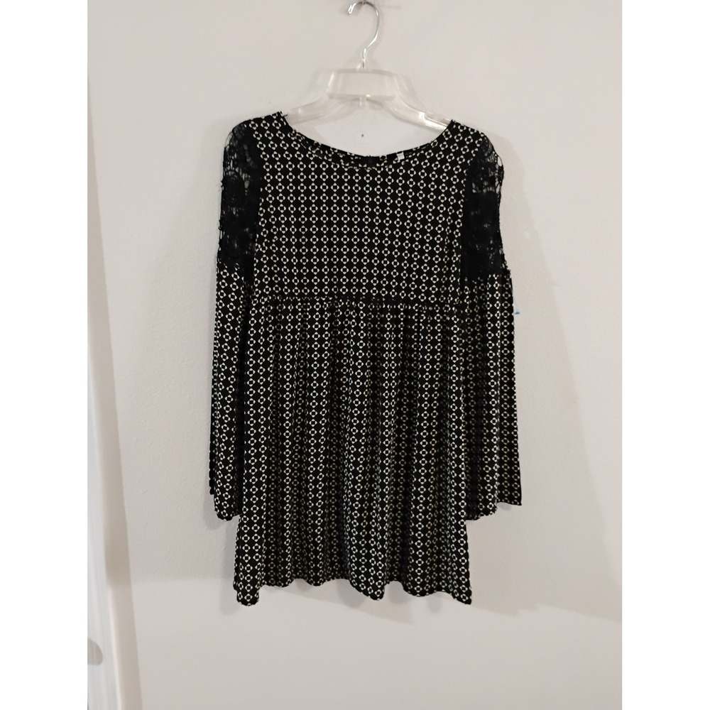 Sage Black White Geometric Lace Shoulder Babydoll Dress Small D1645 Made in USA